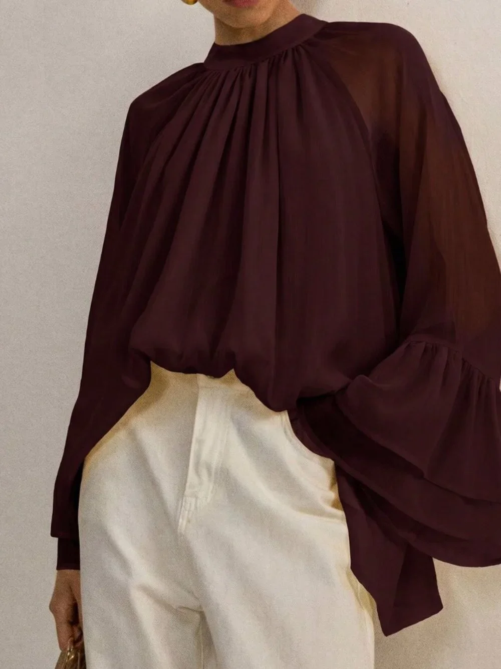 Brown Elegant Women's Minimalist Loose Pleated Flare Sleeve Blouse